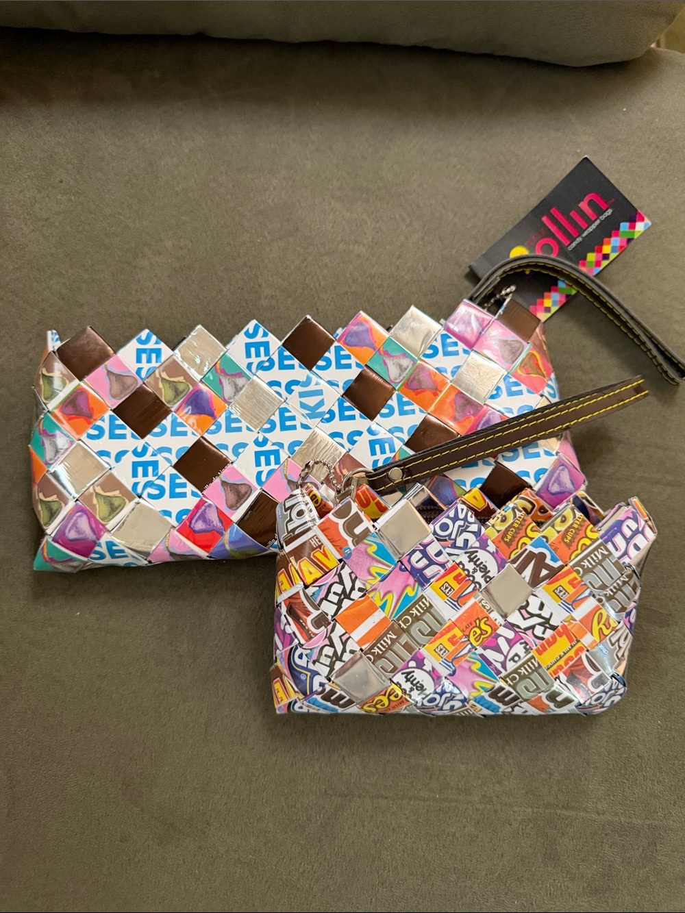 Set of 2 Nahui Ollin Multicolor Woven Candy Wrapper Wristlets, NWT